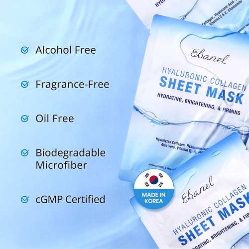 Ebanel Collagen Face Masks - 10 Pack of Hydrating Sheet Masks with Hyaluronic Acid & Vitamin C | Anti-Aging & Skin Firming