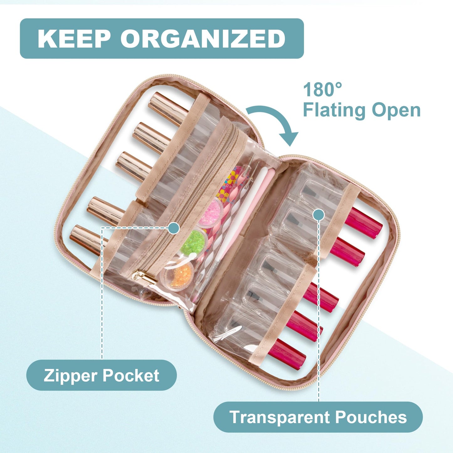 Yarwo Nail Polish Organizer Holds 10 Bottles (15ml/0.5 fl.oz), Small Nail Polish Travel Bag with Visible Window, Multifunctional Nail Art Carrying Case for Manicure Kit, Dusty Rose (Bag Only)