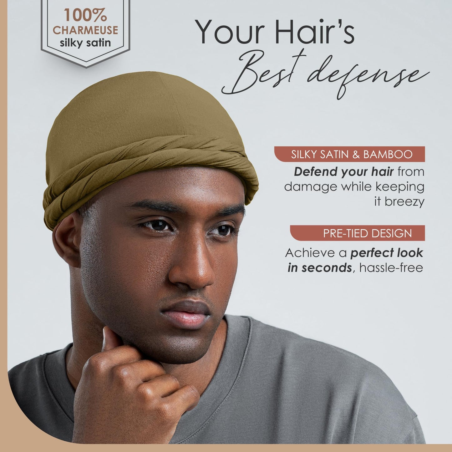CAPLORD Silk Durag Satin Lined Halo Turban Head Wrap Pre-Tied Skull Cap for Men and Women Sleeping Bonnet Hair Cover Chemo Hair Loss Hat Night Bonnet Olive Green