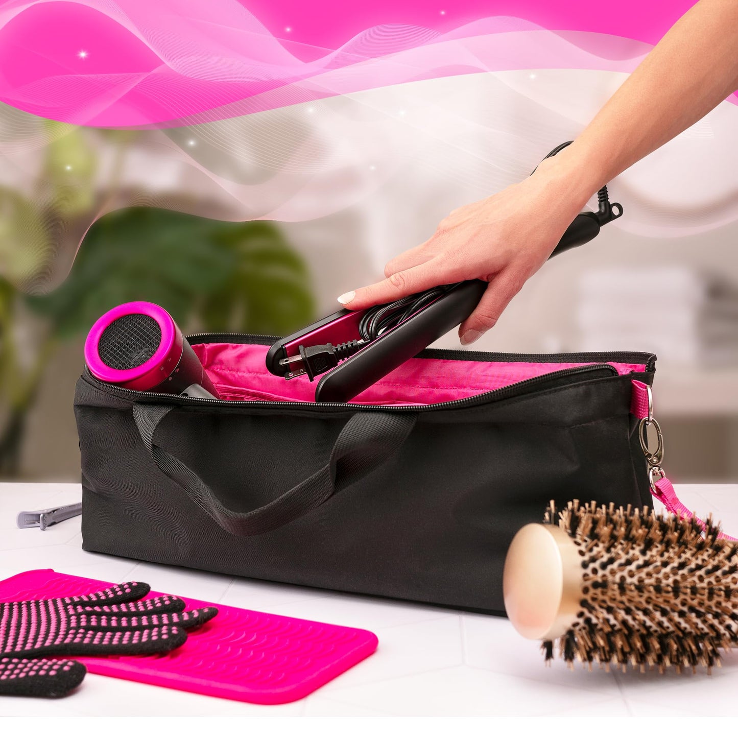 Hair Tool Travel Bag with Heat Resistant Mat for Flat Iron, Straighteners, Curling Iron, Makeup, Toiletries & Haircare Accessories, Portable Hot Tools Organizer with Silicone Mat & Glove