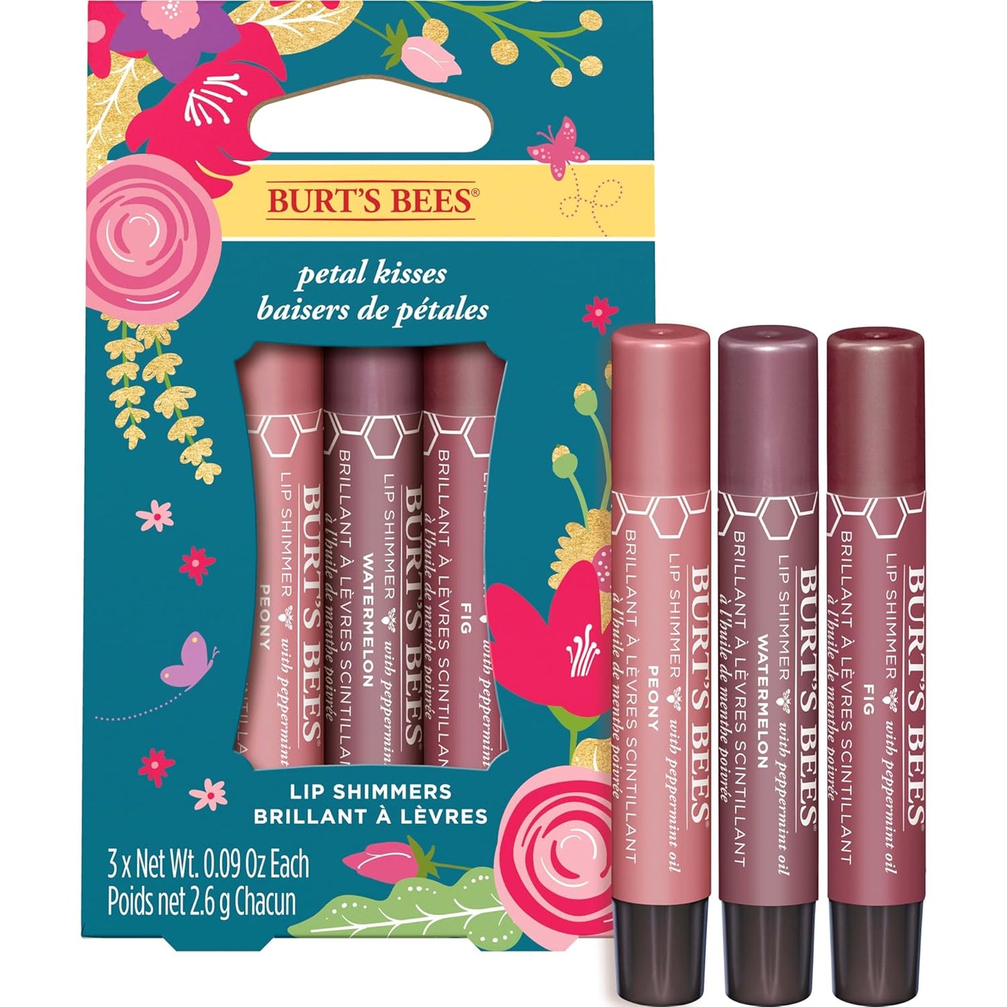Burt's Bees Kissable Color Gift Set - Petal Kisses with 3 Lip Shimmers in Peony, Fig & Watermelon