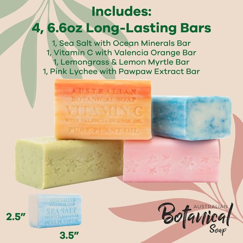 Australian Botanical Soap, Sea Salt, Lemongrass, Pink Lychee, Valencia Orange 6.6 OZ, Luxury Soap Bars Enriched with Shea Butter, Vegan Friendly Assorted Pack of 4