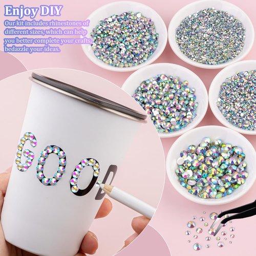 16000Pcs Resin Rhinestones with Tweezers for Crafting, AB 2-6mm Mixed Sizes Bedazzling Crystal with 3Pcs 10ml B7000 Jewelry Glue for DIY Crafts Clothing Tumblers Shoes Fabric Nail Art