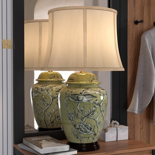 Red Lantern 25" Jade Green Birds and Flowers Lamp - Elegant Home Decor Accent