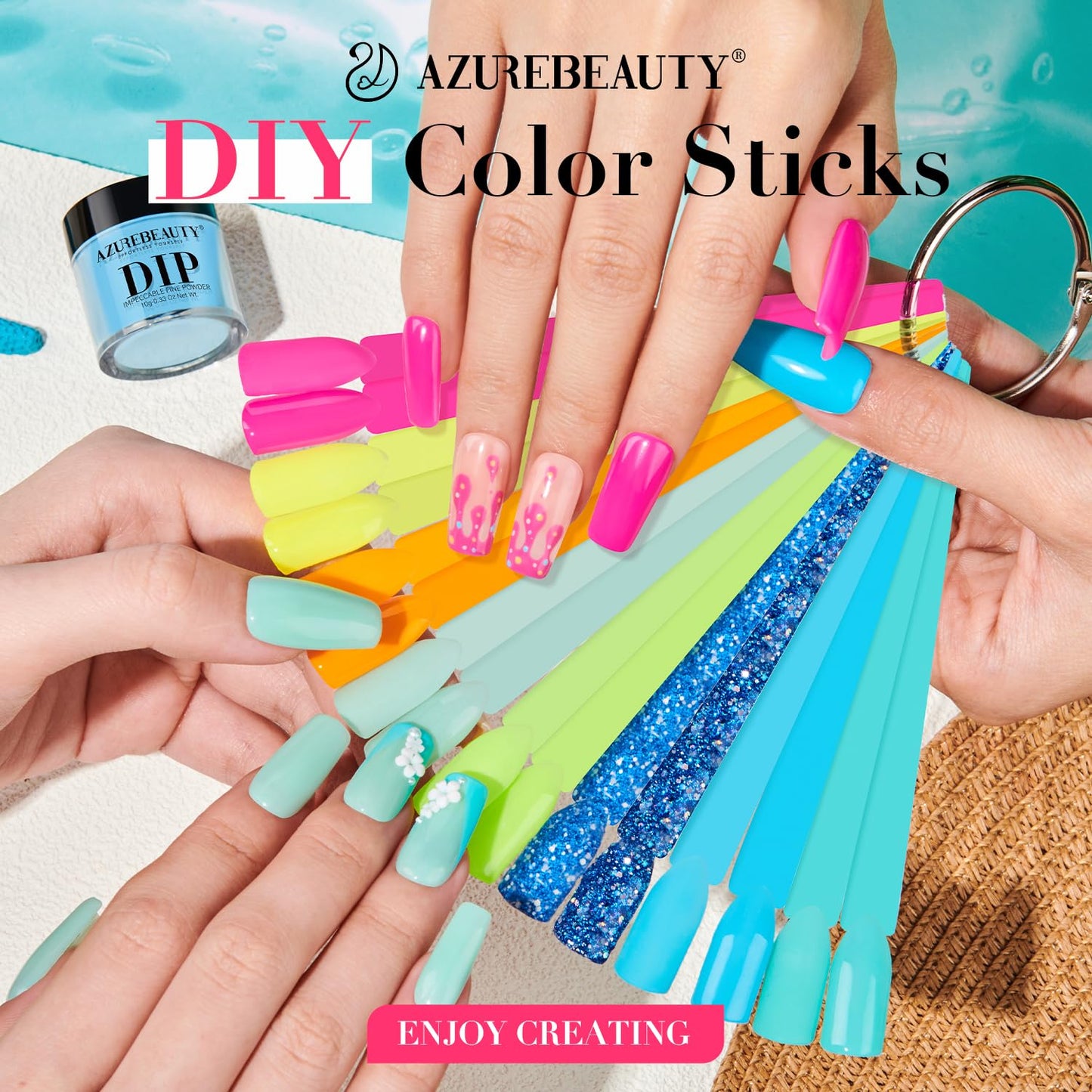 AZUREBEAUTY Dip Powder Nail Starter Kit with Matte Coat, 8 Hot Pink Glitter Neon Summer Color, Dipping Powder Liquid Set with Base/Top Coat/ Activator/10 Nail Sticks Salon at Home