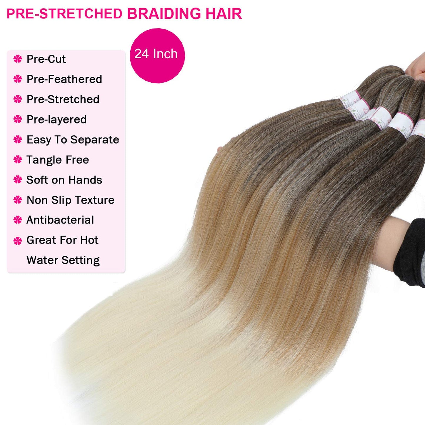BEFUNNY Pre stretched Braiding Hair 30 Inch 8 Packs Prestretched Braiding Hair Bundles Long Brown/Blonde/White Three Tone Synthetic Crochet Hair For Women, Yaki Straight, Itch Free(30",T4/27/613)