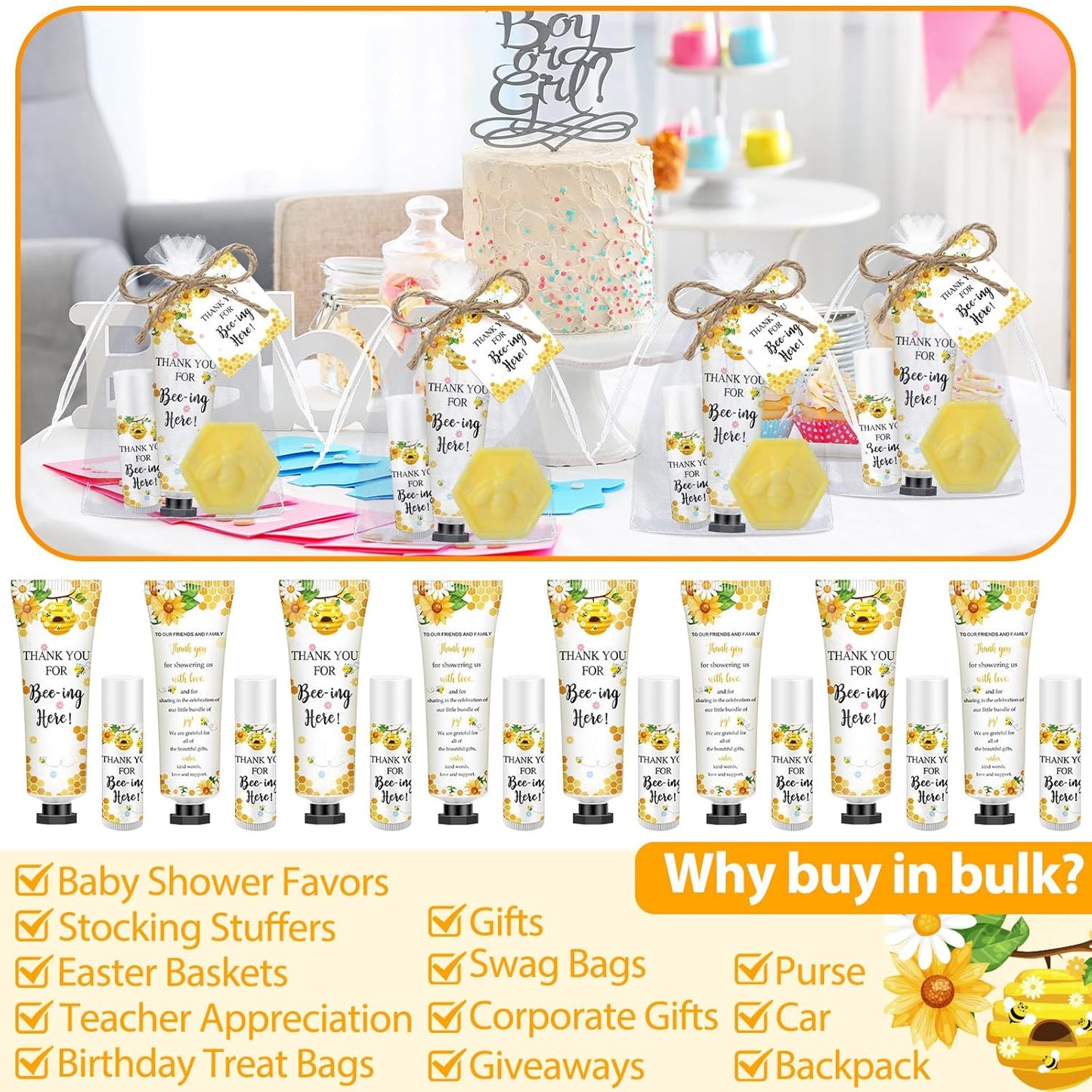 Skiennix Bee Themed Baby Shower Favors - 75 Pcs Lip Balms, Hand Cream & Honeycomb Soap | Perfect Gender Reveal Gift