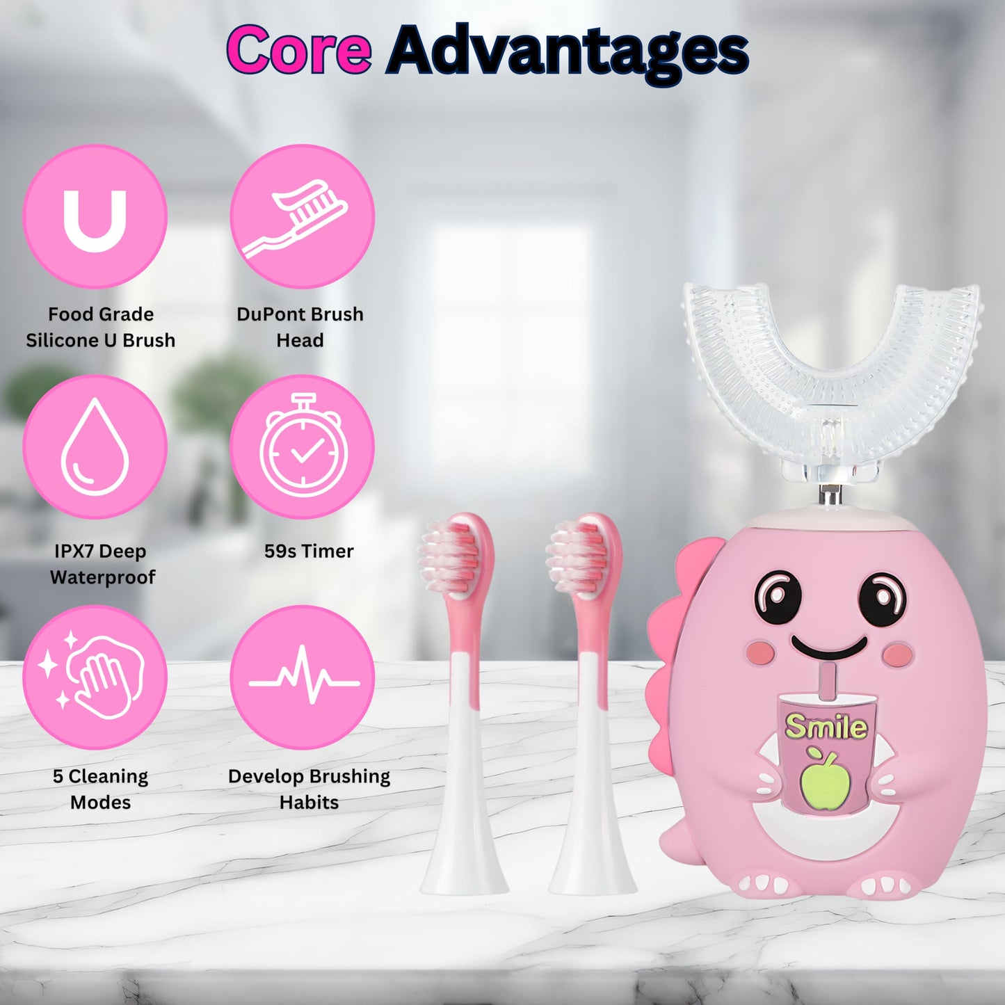 LOOT Kids U Shaped Electric Toothbrush with 4 Brush Heads with 5 Cleaning Modes, Sonic Toothbrush Kids, 60s Smart Reminder, Cartoon Dinosaur 360-Degree Cleaning IPX7 Waterproof Design (Pink, 2-6)