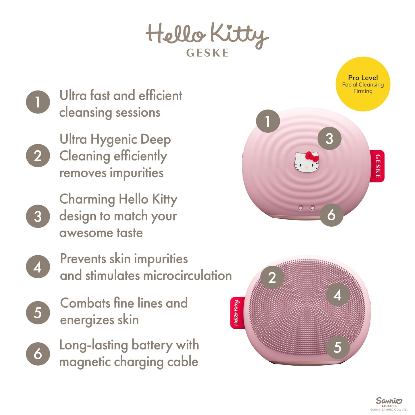 GESKE x Hello Kitty SmartAppGuided™ Sonic Facial Brush | 4 in 1 | Electric Facial Cleansing Brush | Skin Cleansing Brush | Facial Brush | Daily Skincare Routine| Facial Massager & Skin Care