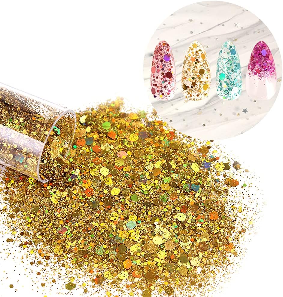 Holographic Chunky Glitter Sequins, 12 Colors Mixed Cosmetic Glitter for Face Body Eye Hair Nail Art Lip Gloss Makeup, Festival Glitter with Different Hexagons Size and Stars (Laser Mix)