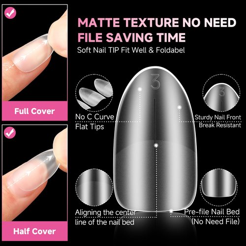 UNA GELLA Short Oval Almond Nails, 504Pcs Pre-shape Fake Nails Full Matte Cover Acrylic Round Almond Gel Nail Tips, 15 Sizes No C Curve Press on Nails for Nail Extension Art DIY Salon