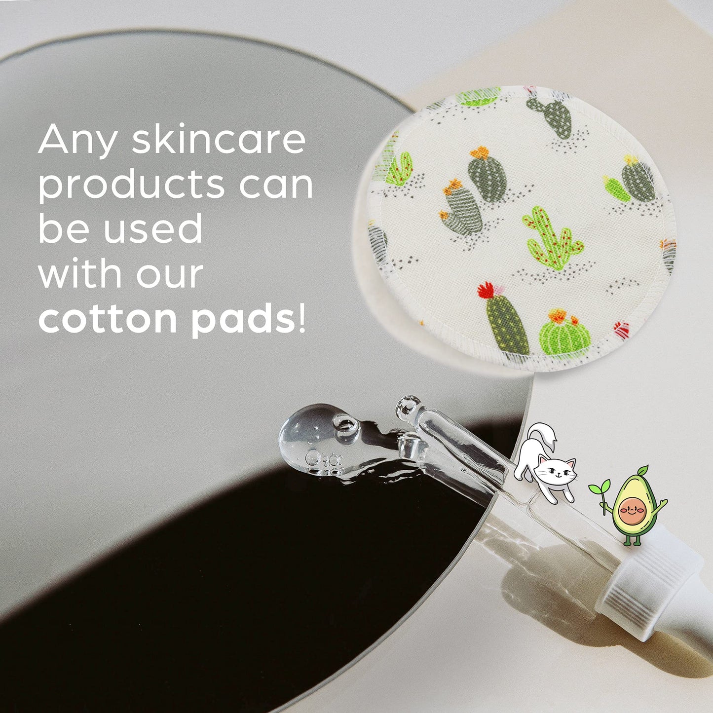 Handmade by AVO - 8 Reusable Pads, Makeup Remover, Quilted Organic Cotton Rounds, Pads Facial Rounds Fabric Pouch Laundry Bag (Cactus)