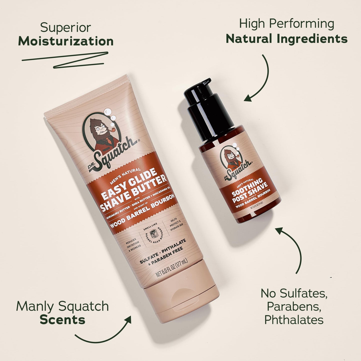 Dr. Squatch Wood Barrel Bourbon Smooth Shave Bundle - Easy Glide Butter + Soothing Post Shave - Natural Ingredients - Manly Fragrance - Moisturizing