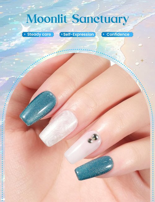 Beetles Moonlit Sanctuary Lucky Box, Cancer Zodiac Gel Nail Polish Kit Blue White Pearl Sliver Glitter Colors, All-in-One Nail Art Set with Tools, Necklace Badge, Salon DIY Zodiac Gift for Women