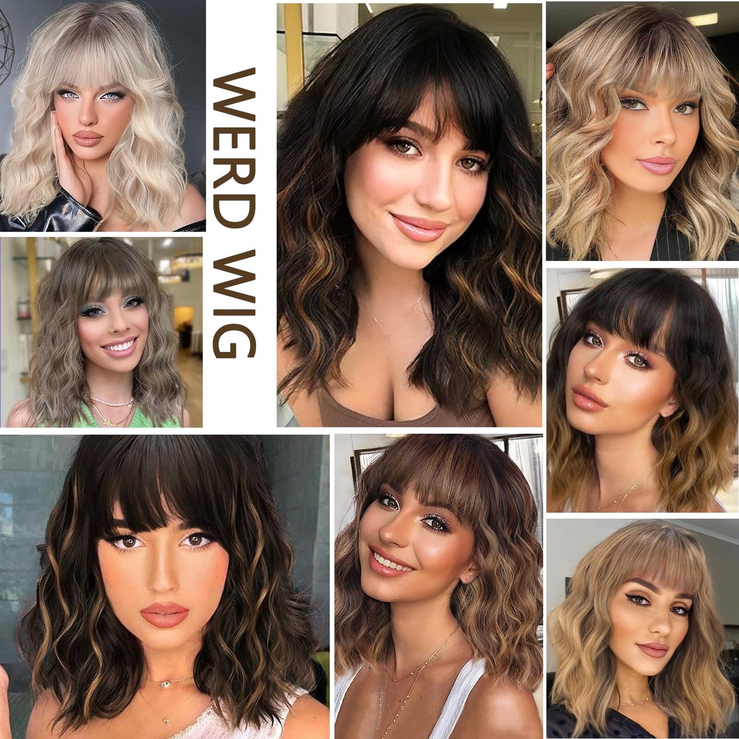 WERD Short Ombre Blonde Wavy Wig for Women Blonde Curly Wavy Bob Wig with Bangs Natural Looking Synthetic Dirty Blonde Wig for Colorful Cosplay