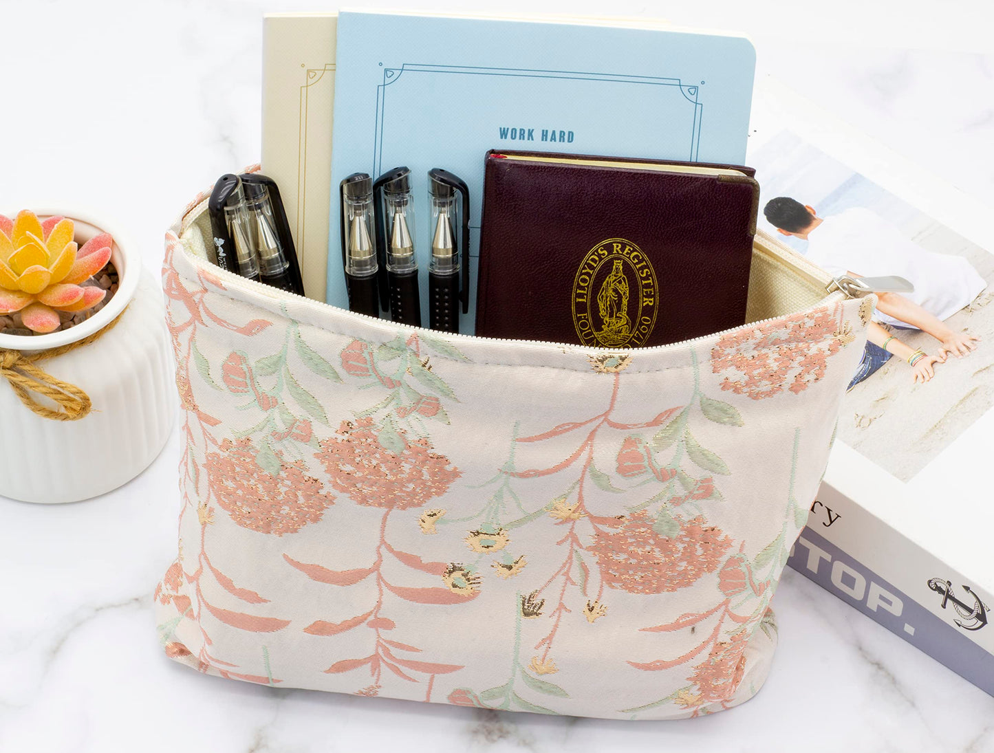 PAZIMIIK Makeup Bags for Purse Zipper Cosmetic Pouch Large Travel Canvas Make Up Organizer Tool Pouch for Women and Girls,Brocade Flower Pink