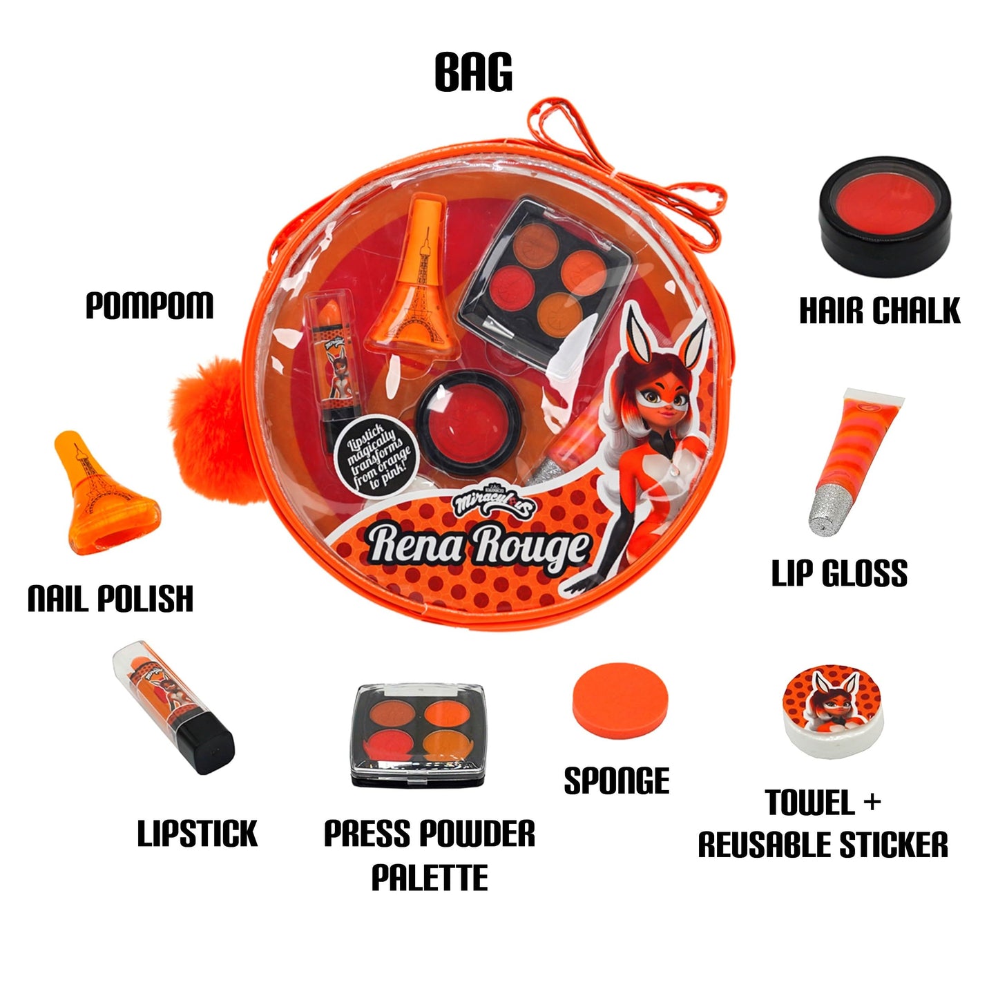 Miraculous Ladybug, 10-in-1 Rena Rouge Kids Makeup Set with Nail Polish, Lipstick, Pressed Powder Palette, Lip Gloss, Hair Chalk, Make-up Sponge, Compressed Towel, Sticker and Pom-pom (Wyncor)