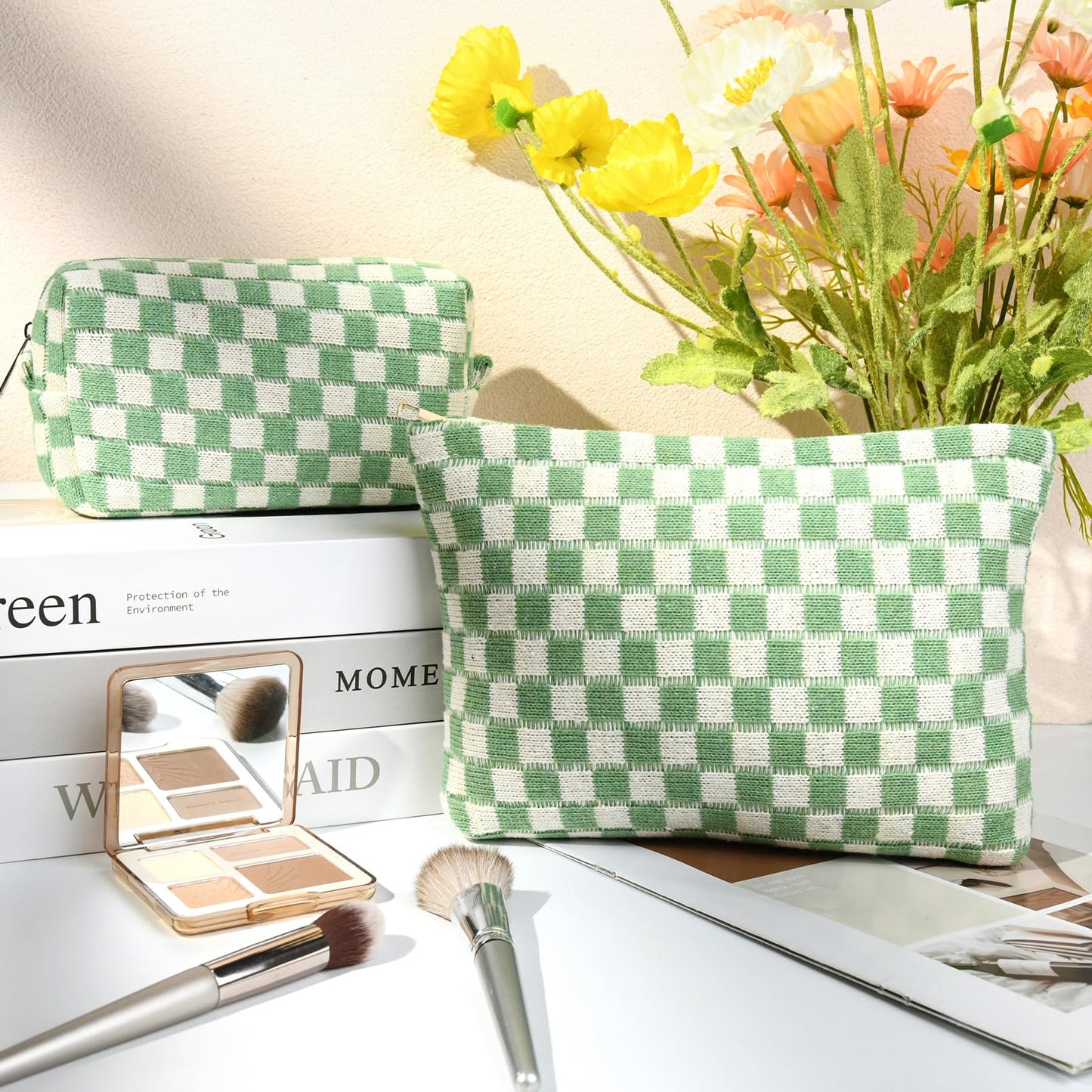 SOIDRAM 2 Pcs Checkered Makeup Bag Large Cosmetic Bag Toiletry Bag Makeup Pouch Travel Bag Organizer Cute Makeup Brushes Aesthetic Accessories Storage Bag for Women Green