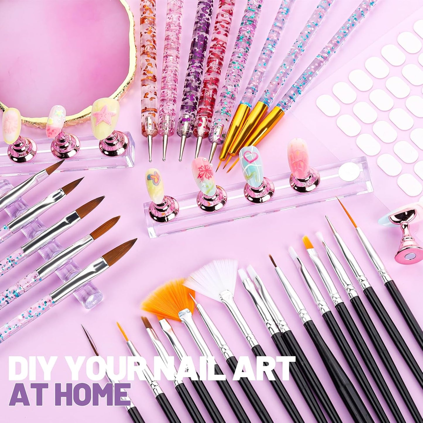 Teenitor Nail Art Tools Set, 23 Pcs Nail Art Brushes, 5 Pcs Nail Dotting Tool, 2 Set of Nail Stand, 100 Pcs Double-Sided Adhesive Tabs, Nail Art Palette, Brushes Holder for DIY Nail Art