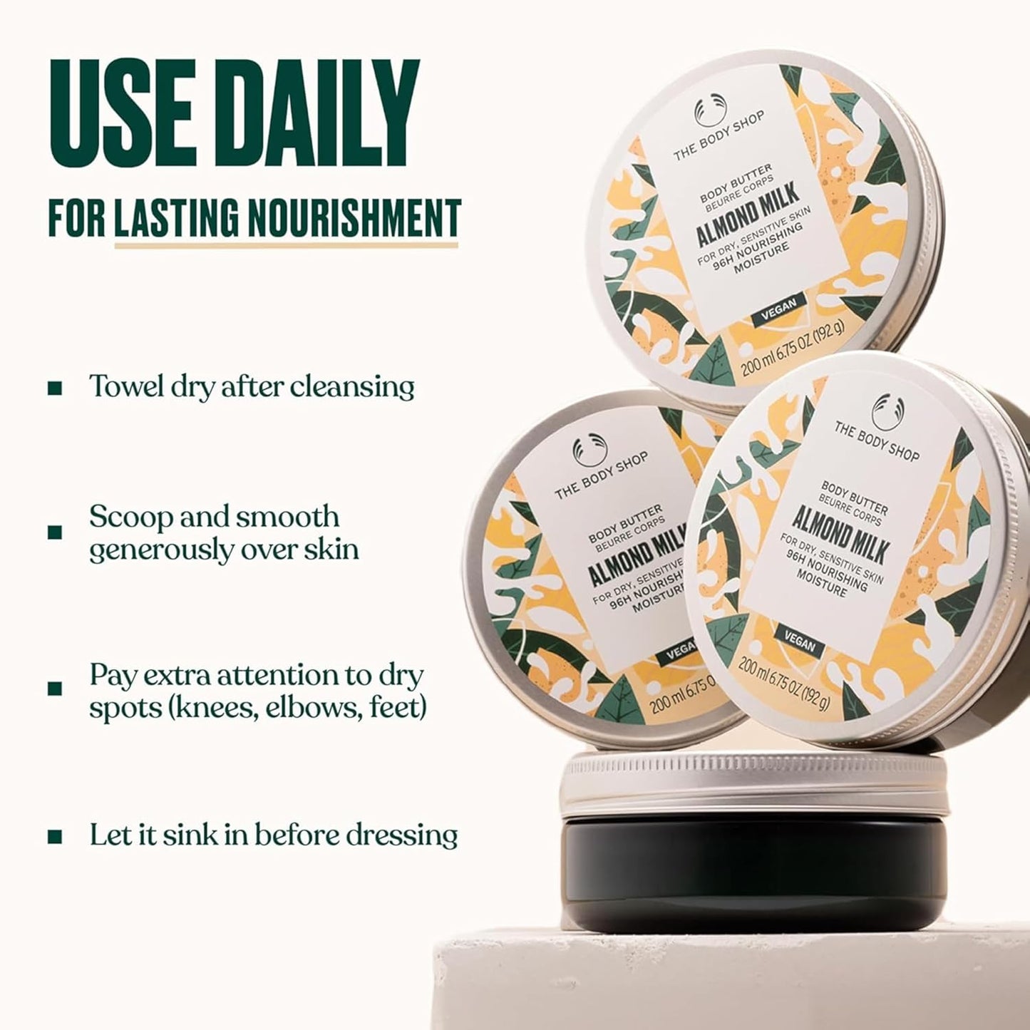 The Body Shop Almond Milk Body Butter - 96H Nourishing Moisture for Dry, Sensitive Skin | 200 mL / 6.75 Oz