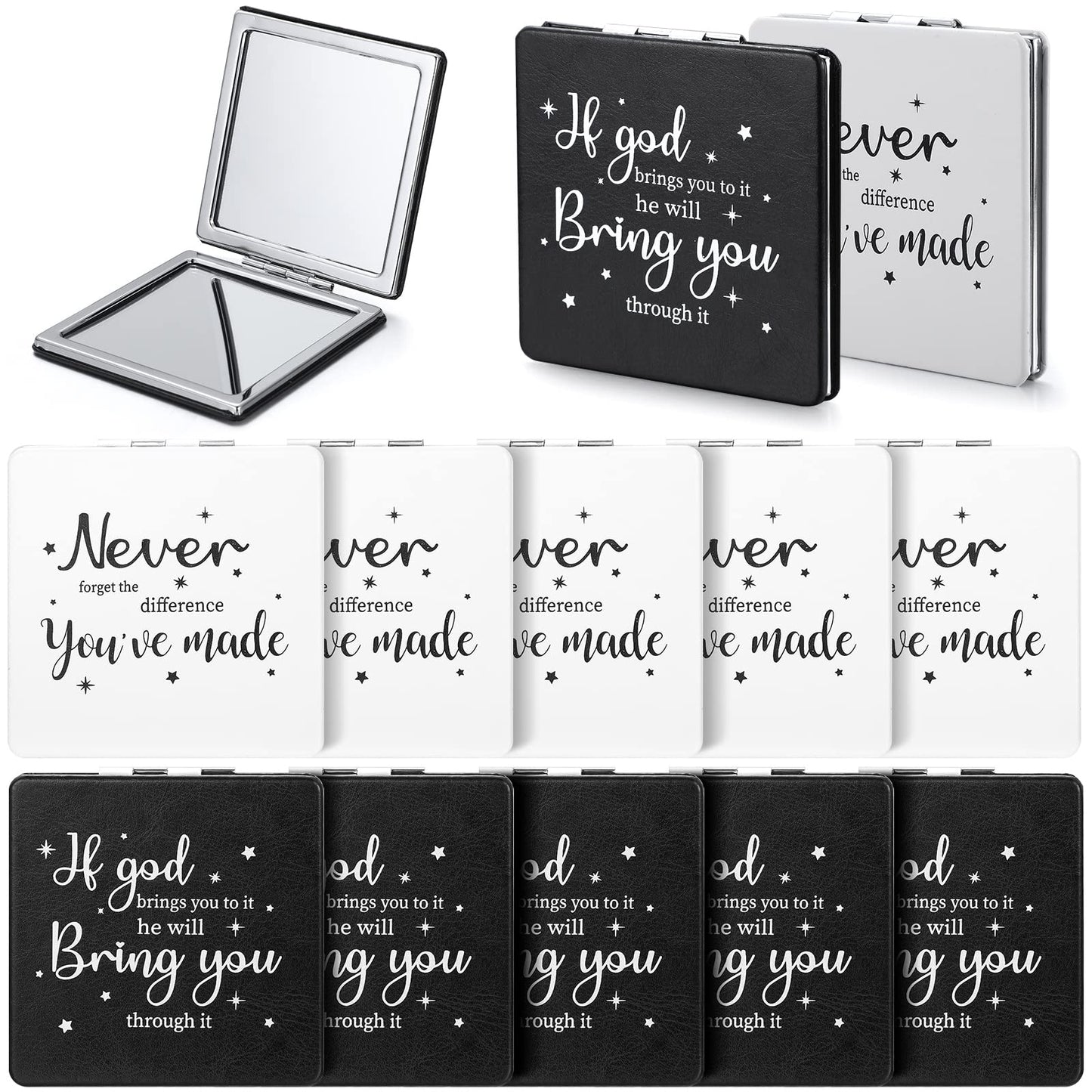Qunclay 12 Pcs Christian Compact Mirror Gifts Bulk Employee Inspirational Bible Verse Pocket Mirrors Women Mini Makeup Mirrors for New Year Church Sunday Party Favors (Black, White)