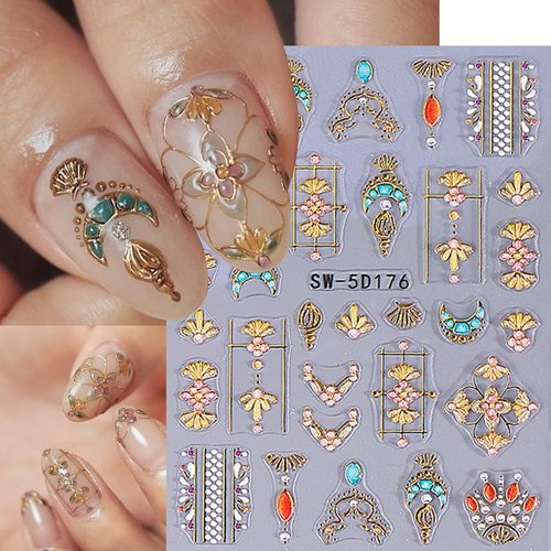 Sun Nail Stickers Decals 9 Sheets Bohemian Style Nail Art Stickers 5D/3D Embossed Self Adhesive Moon Star Heart Flame DIY Metallic Designs Gothic Decoration Supplies Nail Accessories for Women