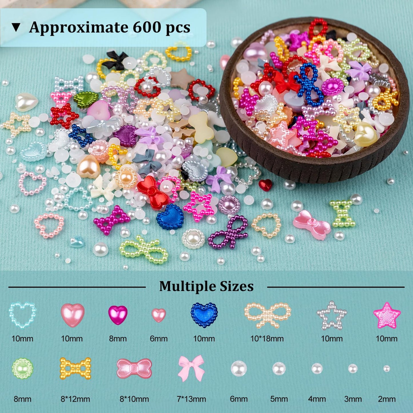 600Pcs 3D Multi Shapes Nail Charms and Flatback Pearls, Beige Mix Styles Heart Star Bow Sunflower Embellishments for Nail Art, Craft and Decoration with Glue Gel, Tweezer and Pickup Pencil