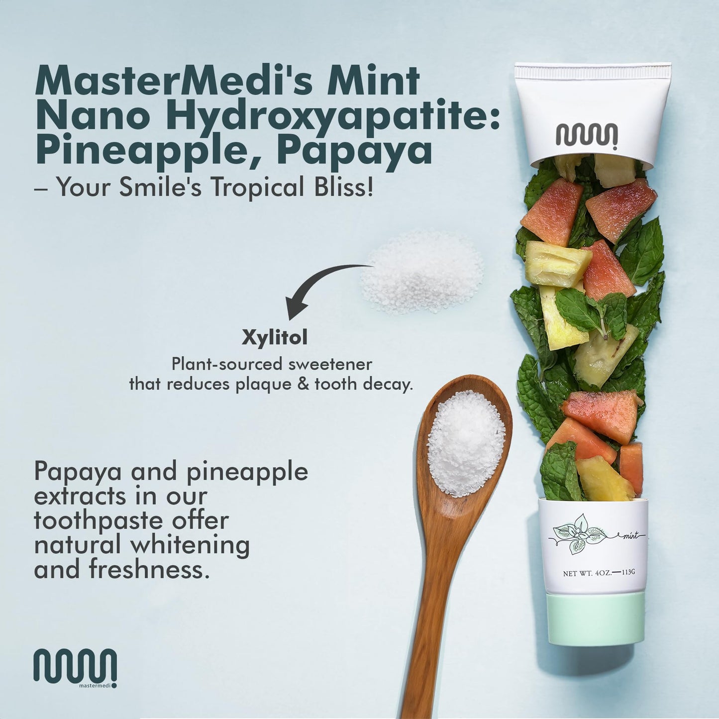MasterMedi Fluoride Free Toothpaste, Nano Hydroxyapatite, SLS Free, Teeth Whitening, Remineralizing, Sensitive Teeth Relief, Natural Mint Flavor for Oral Care 4oz with Tongue Scraper (1 Pack)