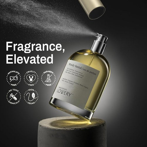 LOVERY Woody Santal Sandalwood - Perfume with Travel Spray Bottle - Unisex Eau De Parfum, Clean Ingredients, 100ml + 2ml