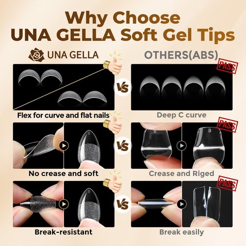 UNA GELLA Short Almond Nail Tips: 504PCS Short Fake Nails Soft Press On Gel Nail Tips Pre Shaped Almond Shape Home Nail Extension Full Cover, 12 Sizes Acrylic Gelly Tips