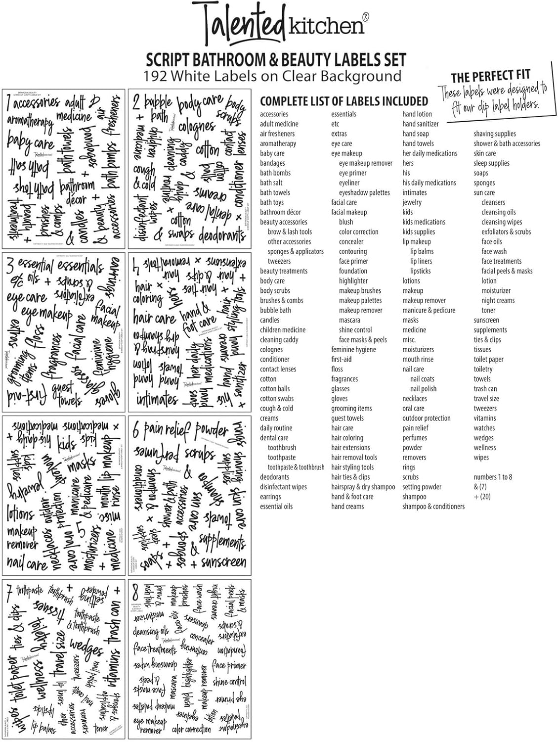 192 Waterproof Kitchen & Bathroom Labels - Transparent Vinyl Black Script Stickers for Jars & Makeup Storage