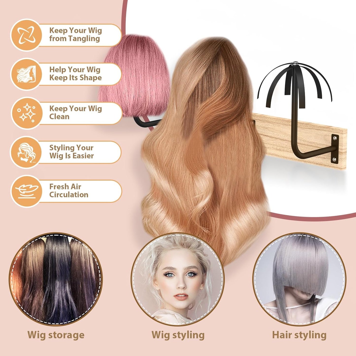 6 Pcs Hanging Wig Stand for Multiple Wigs, Durable Wall Mounted Wig Hanger Holder,Wig Holder for Multiple Wigs,Hanging Wig Holder for Display, Storage, Styling, Drying,Practice,Design (Black)