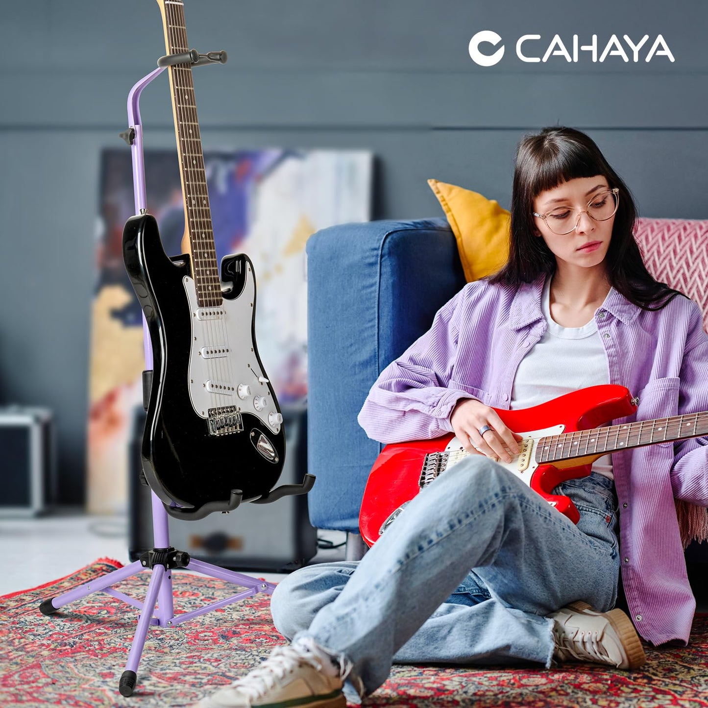 CAHAYA Guitar Stand Floor - Folding Universal Guitar Holder for Acoustic Electric Guitars Bass Guitar Adjust Height from 30.7 to 37 In Folding Tripod Guitar Stands with Neck Holder