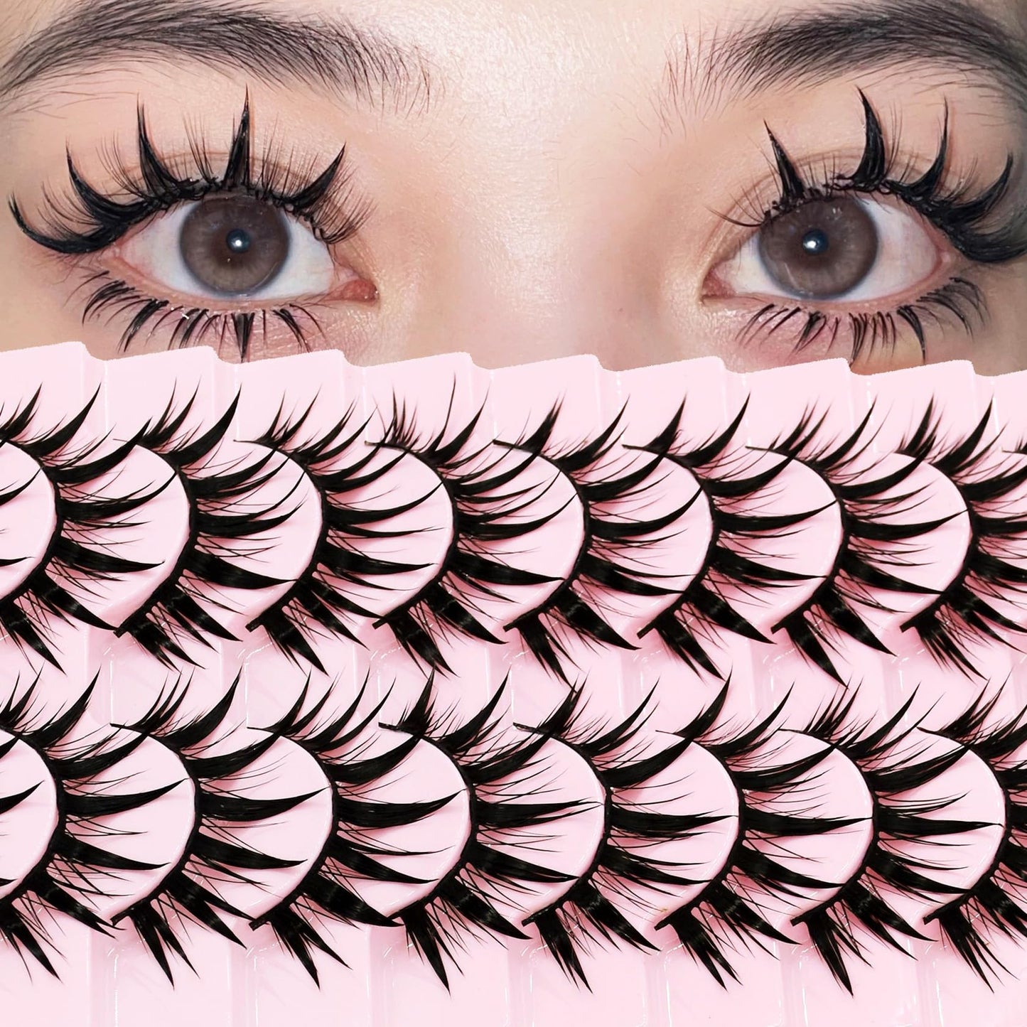 AUGENLI 10Pairs Wet Look Manga Lashes Cat Eye Lashes Extensions 16mm Cute Look Lashes, Japanese Manhua Styles Faux Mink Eyelashes for Everyday Wear or Costume Parties (H01)