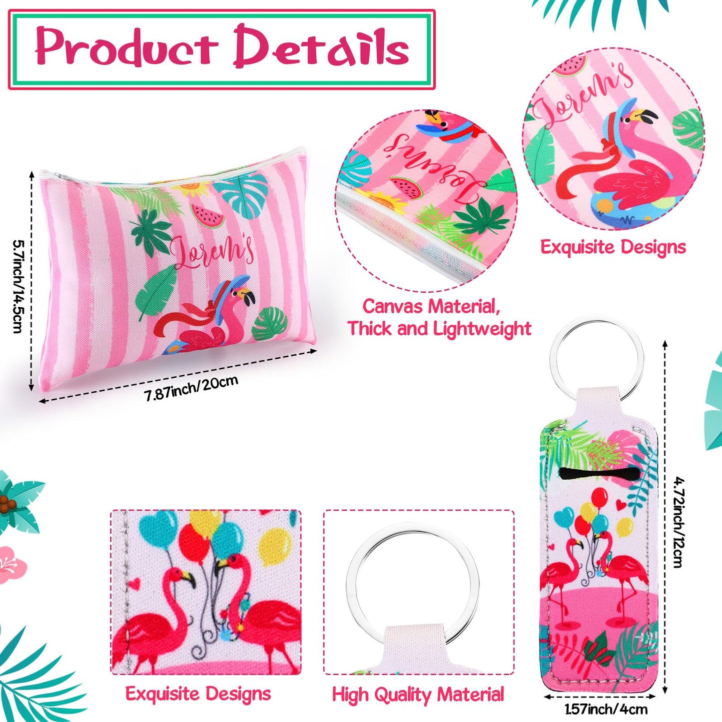 Abbylike 60 Pcs Flamingo Party Favors 12 Flamingo Print Cosmetic Makeup Bag 12 Charm Bracelets 12 Flamingo Hair Scrunchies 12 Tropical Hair Ties 12 Keychains for Birthday Summer Beach Hawaiian Gift