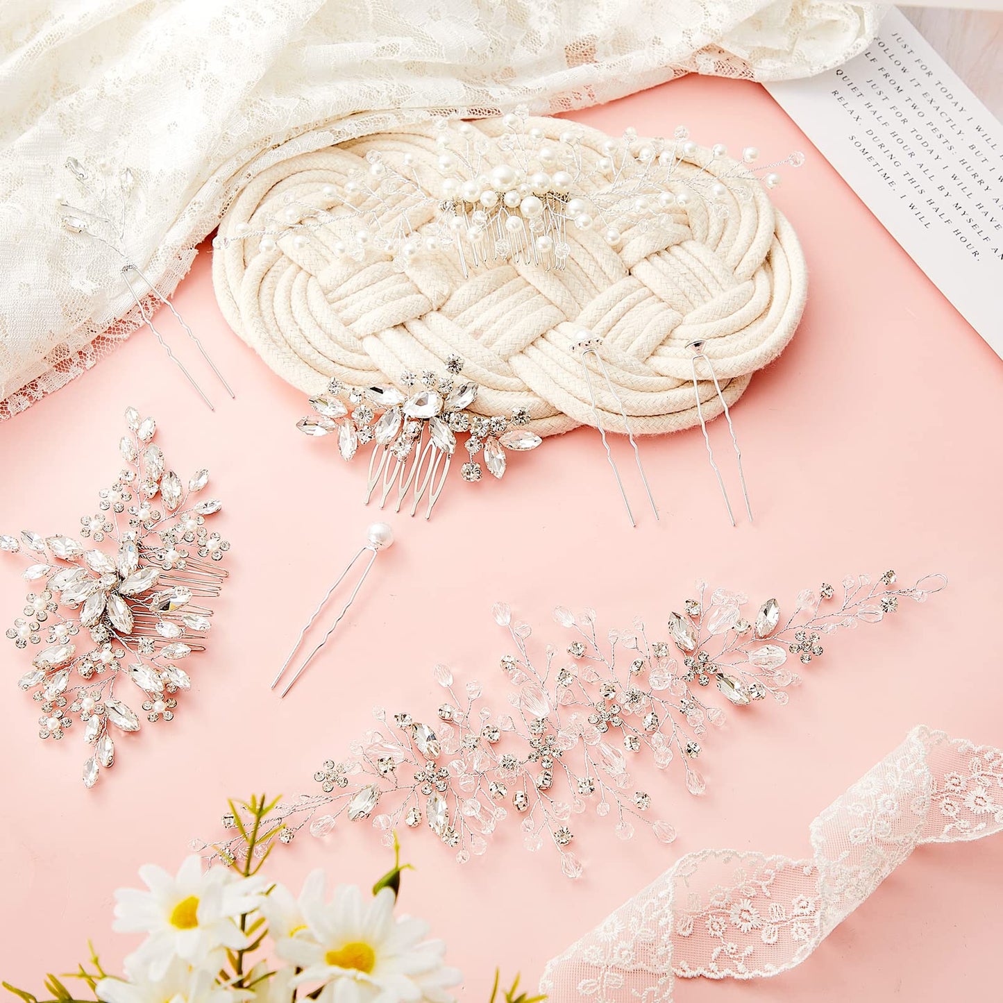 44 Pieces Wedding Hair Accessories - Faux Pearl, Crystal, Rhinestone Hair Combs, Clips and Floral Pieces for Bride and Bridesmaid (Elegant Style)