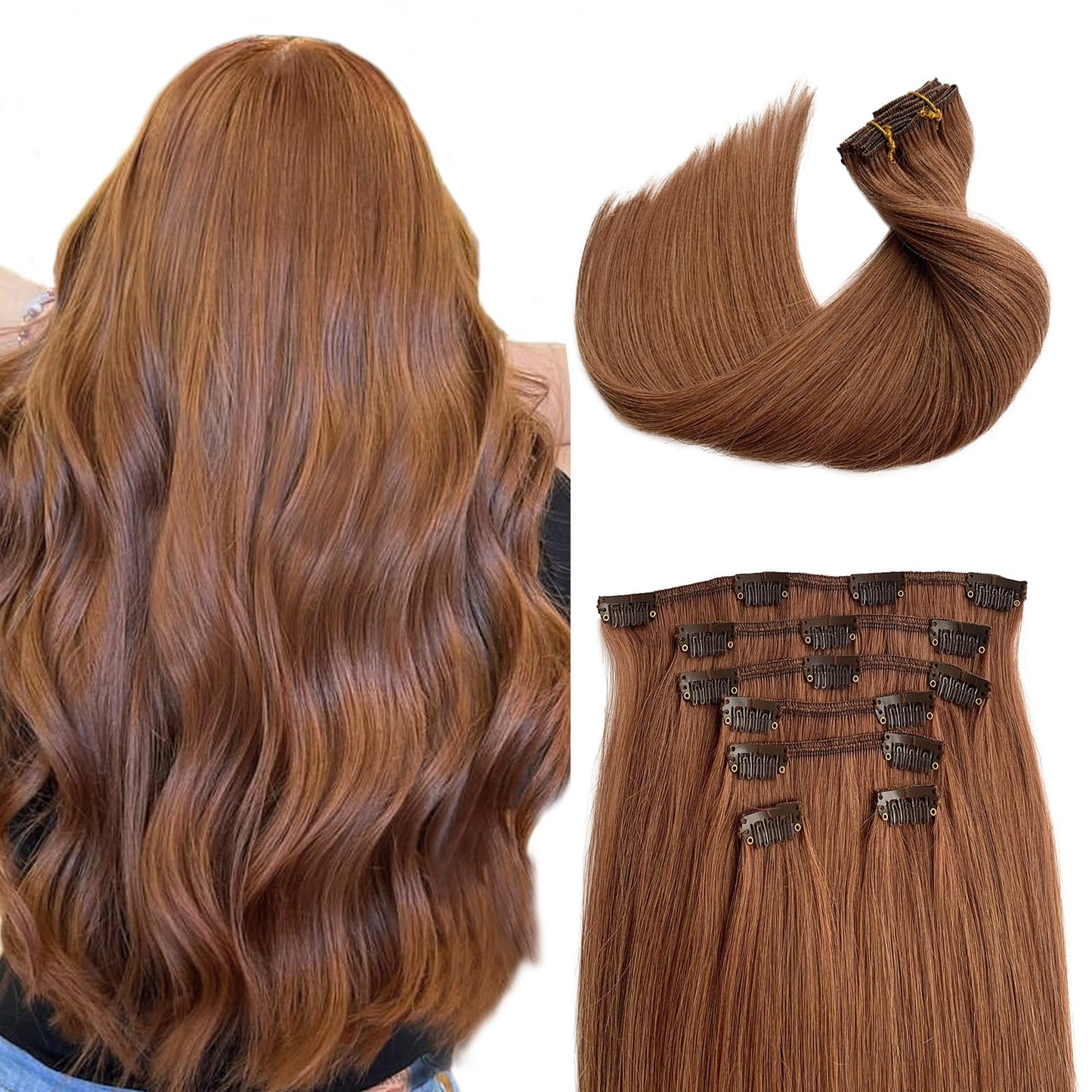Clip in Hair Extensions Real Human Hair Medium Auburn Short Hair Extensions Clip ins 12 Inch Soft Straight Auburn Clip in Human Hair Extensions with Thick Full Ends 70g 7pcs