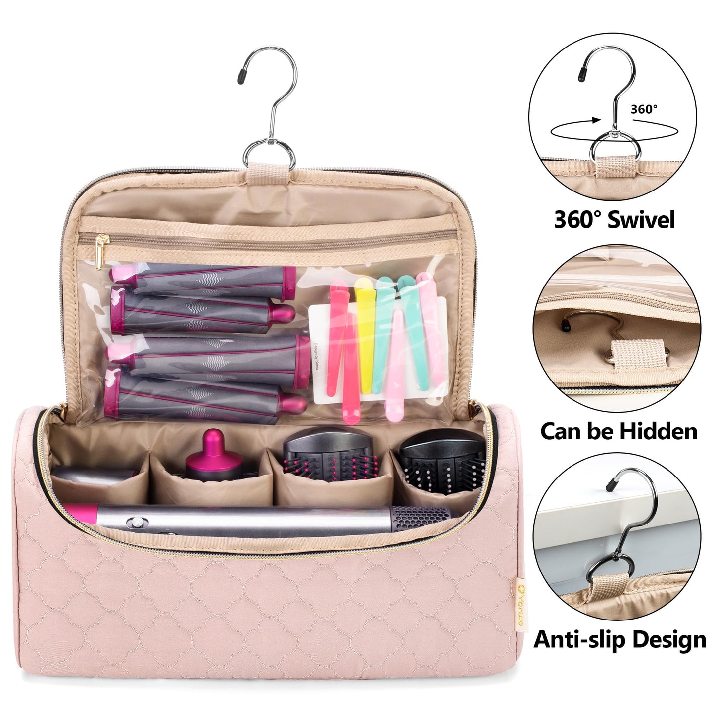 Yarwo Travel Case Compatible for Dyson Airwrap Complete Styler All Models and Attachments, Portable Storage Bag with Hanging Hook for Hair Curler Accessories, Pale Mauve (Patent Design)