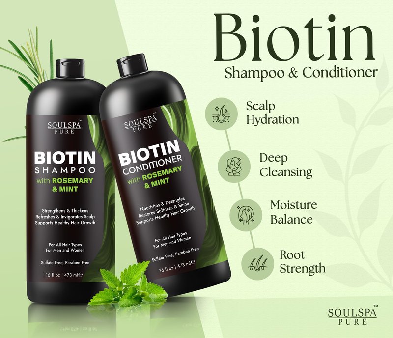 SOULSPA PURE Biotin Rosemary Shampoo and Conditioner Set - Sulfate Free Scalp Care & Hair Strengthening for Thinning, Color-Treated Hair - Rosemary Oil for Men & Women - Made in USA - 16 fl oz Each