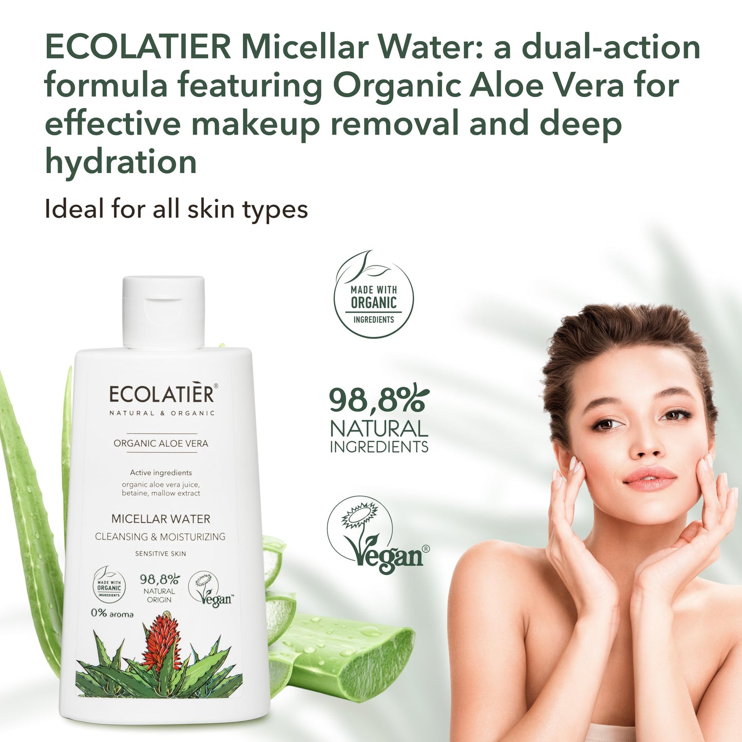 ECOLATIÈR Micellar Water Cleansing & Moisturizing Organic Aloe Vera – 98.8% Natural, Vegan Facial Cleanser & Hydrating Makeup Remover for All Skin Types, Micellar Water Makeup Remover, 8.5 Fl Oz