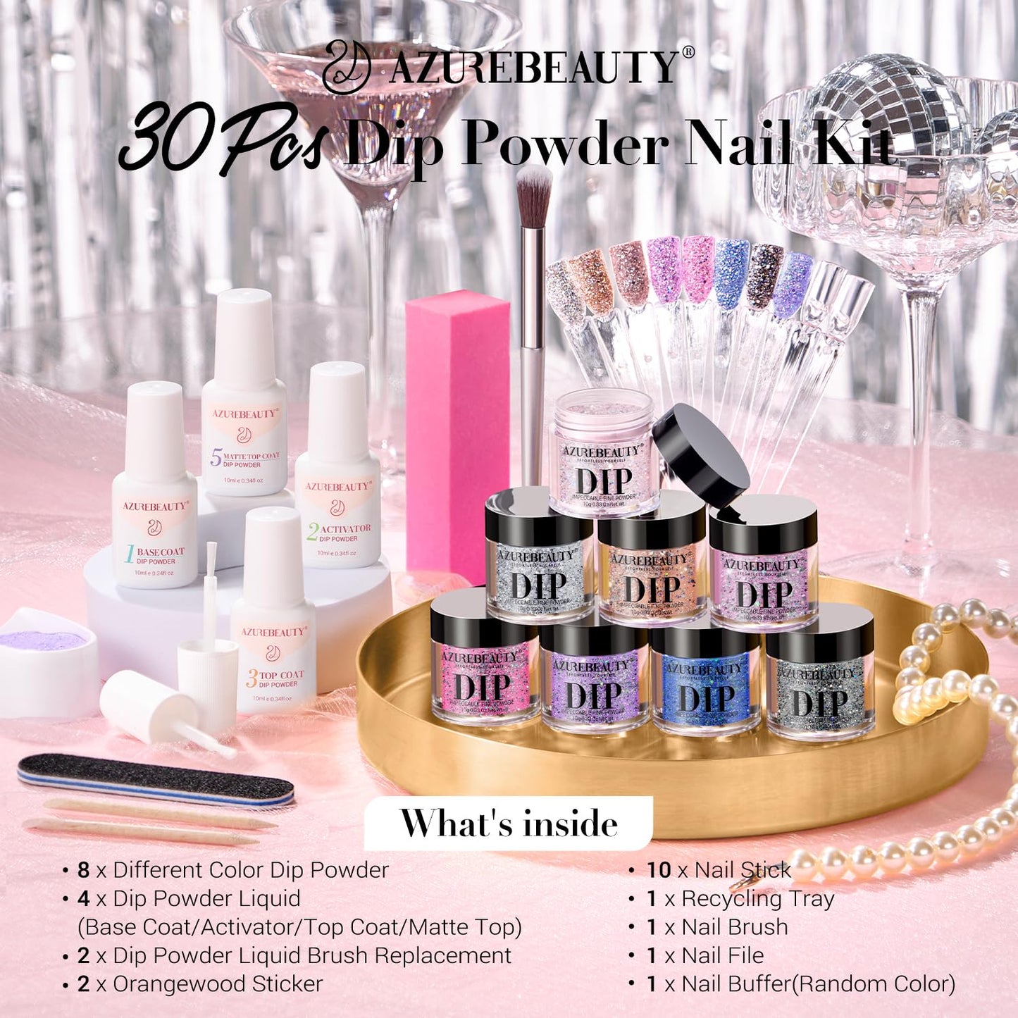 AZUREBEAUTY Dip Powder Nail Starter Kit with Matte Coat, 8 Hot Pink Glitter Neon Summer Color, Dipping Powder Liquid Set with Base/Top Coat/ Activator/10 Nail Sticks Salon at Home