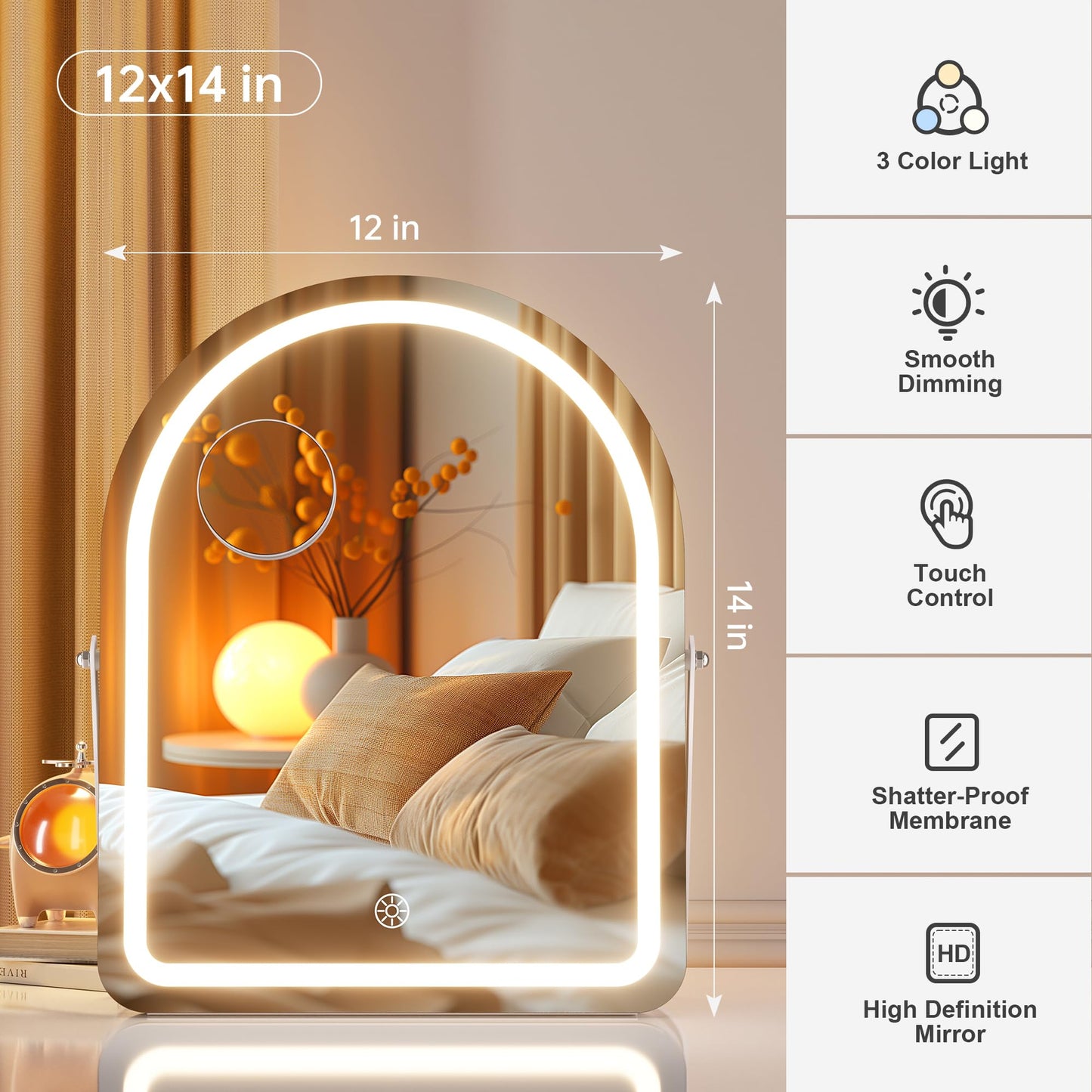 Hasipu Vanity Mirror with Lights, 12"× 14" Arched LED Makeup Mirror, Lighted Makeup Mirror with Lights, Smart Touch Control Dimmable 3 Modes Light 360°Rotation White