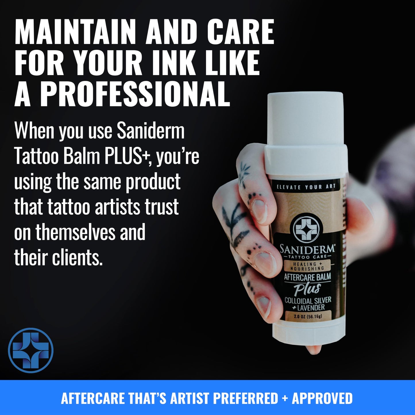 Saniderm Tattoo Aftercare Balm PLUS+ - Large (2.0 oz) – Petroleum Free, Organic Tattoo Moisturizer Infused with Colloidal Silver, Lavender Oil, and Other Natural Ingredients