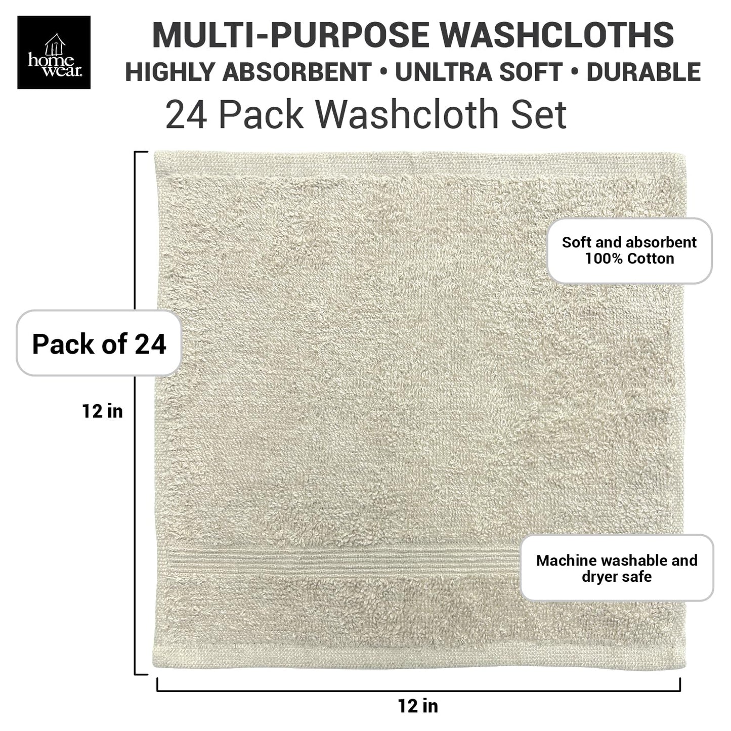 Homewear High Rise Stripe Wash Cloth Set, 12 x 12 Inch - 100% Cotton - Pack of 24, Premium Quality, Gentle and Soft - Ivory