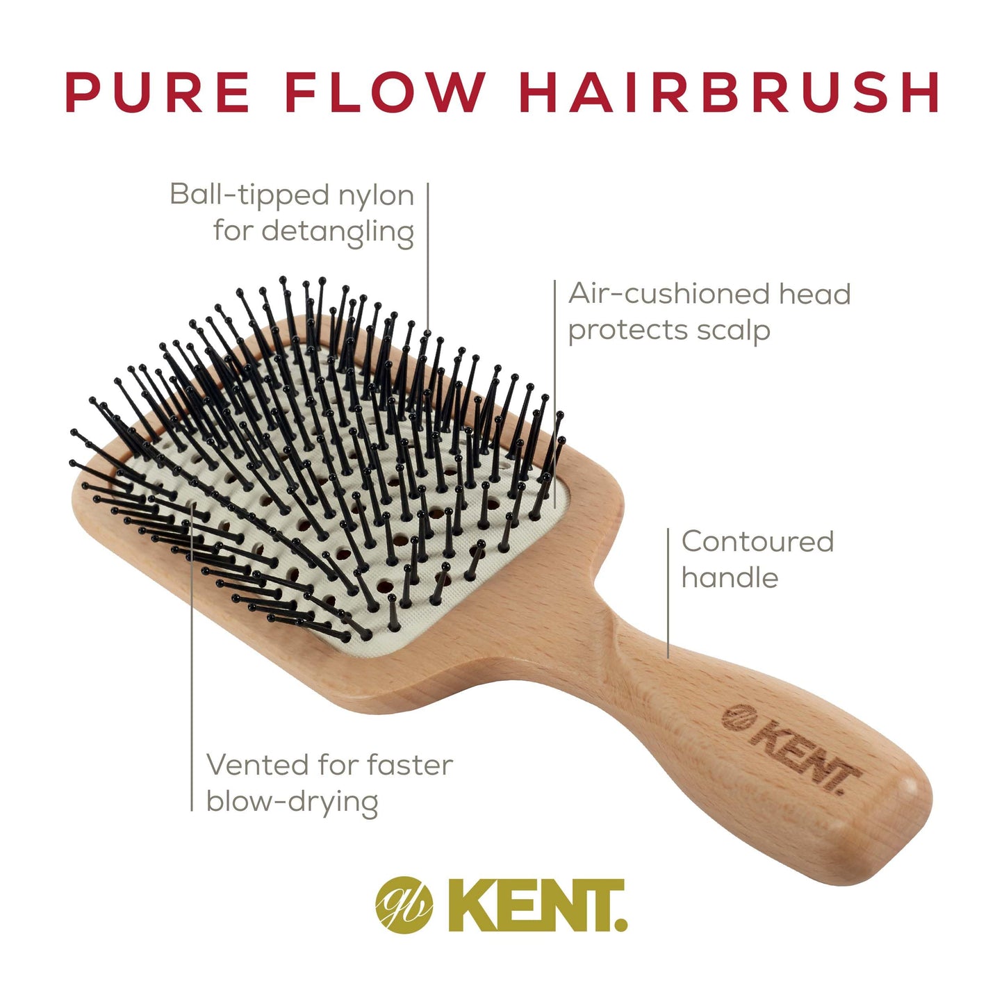 Kent LPF2 Large Cushion Paddle Hair Brush, Vented Taming Fine Pins Hair Detangle Brush for Long Thick and Curly Hair, Scalp Massager and Growth Stimulator Wet or Dry Hair Detangling. Made in England
