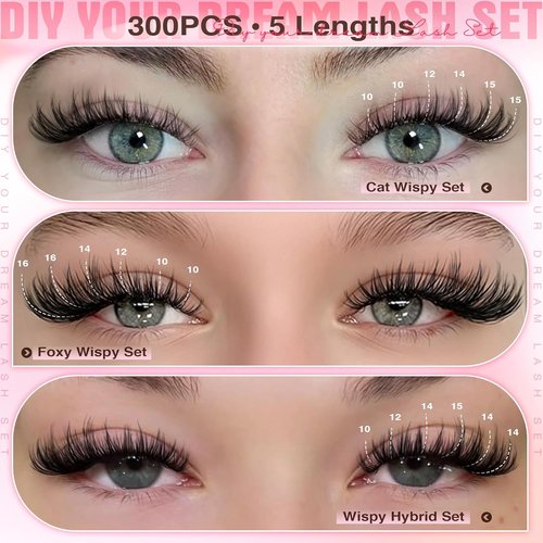 Goddvenus Lash Clusters Kit - Wispy DIY Eyelash Extensions | 300pcs C Curl 10-16mm Natural Look