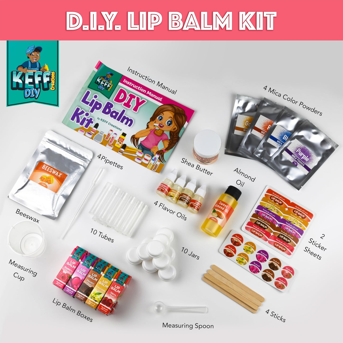 KEFF 51Pcs Lip Balm Making Kit - DIY Lip Balm Set for Teens with Natural Ingredients - Make Your Own Lip Gloss & Lip Balm for Kids Makeup Kit with Beeswax, Shea Butter, Flavor Oils, Mica Color Powders