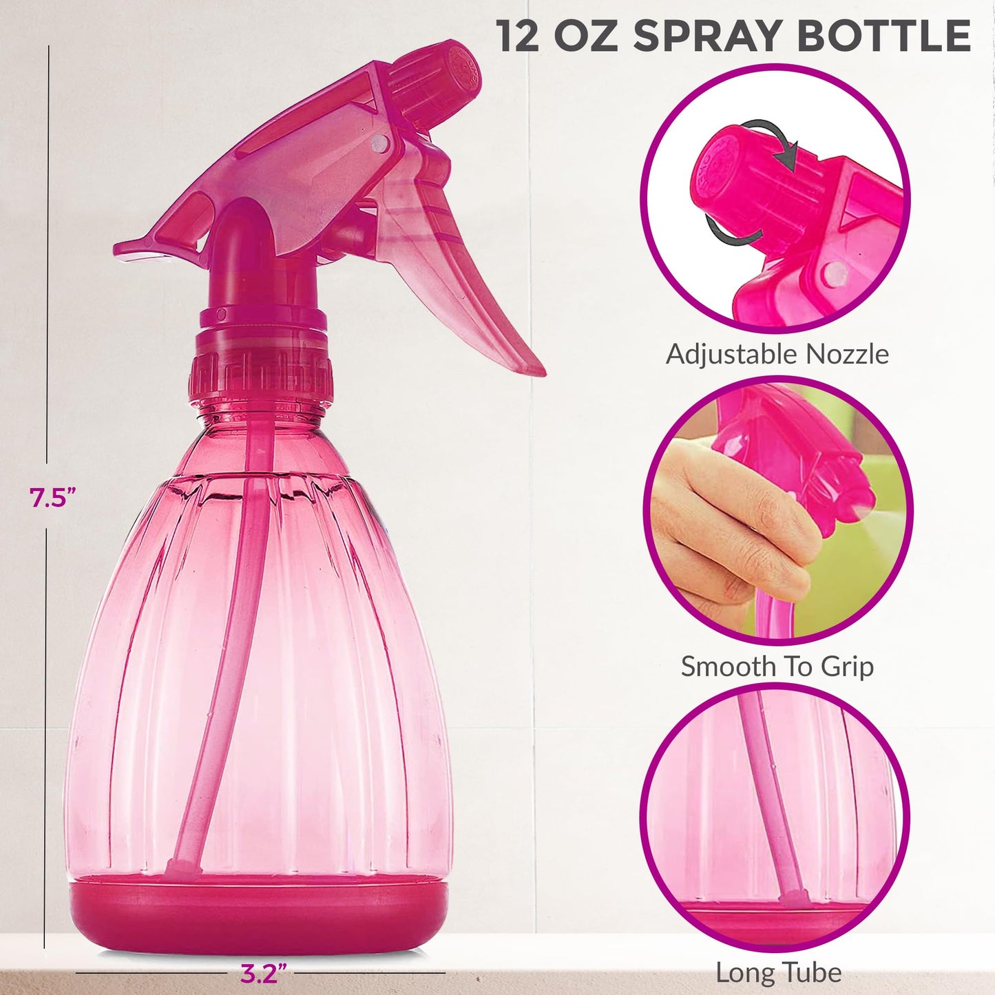 DilaBee Spray Bottles (12 Oz) Water Spray Bottle for Hair, Plants, Cleaning Solutions, Cooking, BBQ, Squirt Bottle for Cats - Empty Spray Bottles - BPA-Free - Multicolor (Pink, 1 Pack)