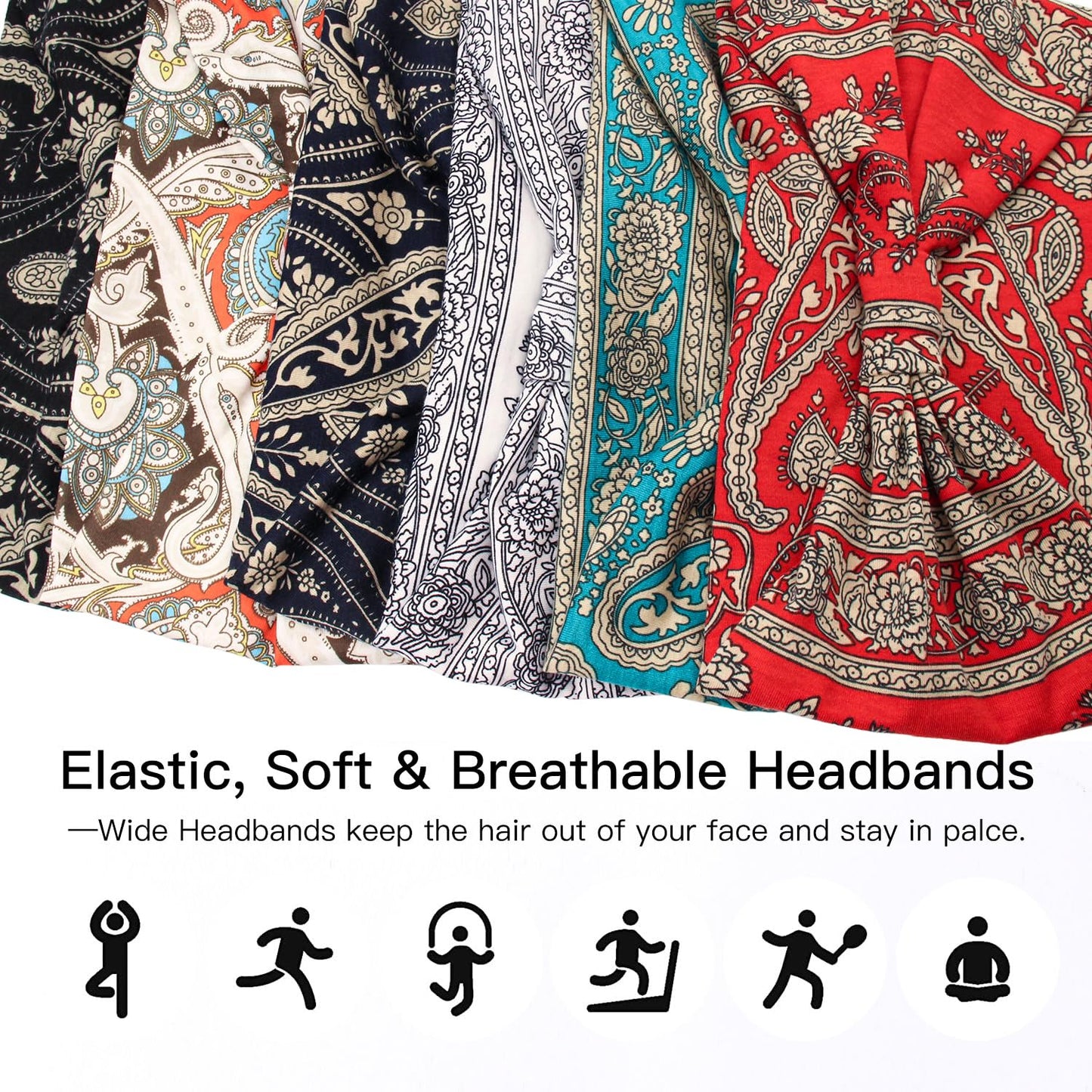 Yeshan Women's Wide Boho Knotted Non-Slip Turban Headwraps - Stretchy Bandeau Hair Bands for Sports, Yoga, Workouts, Pack of 8