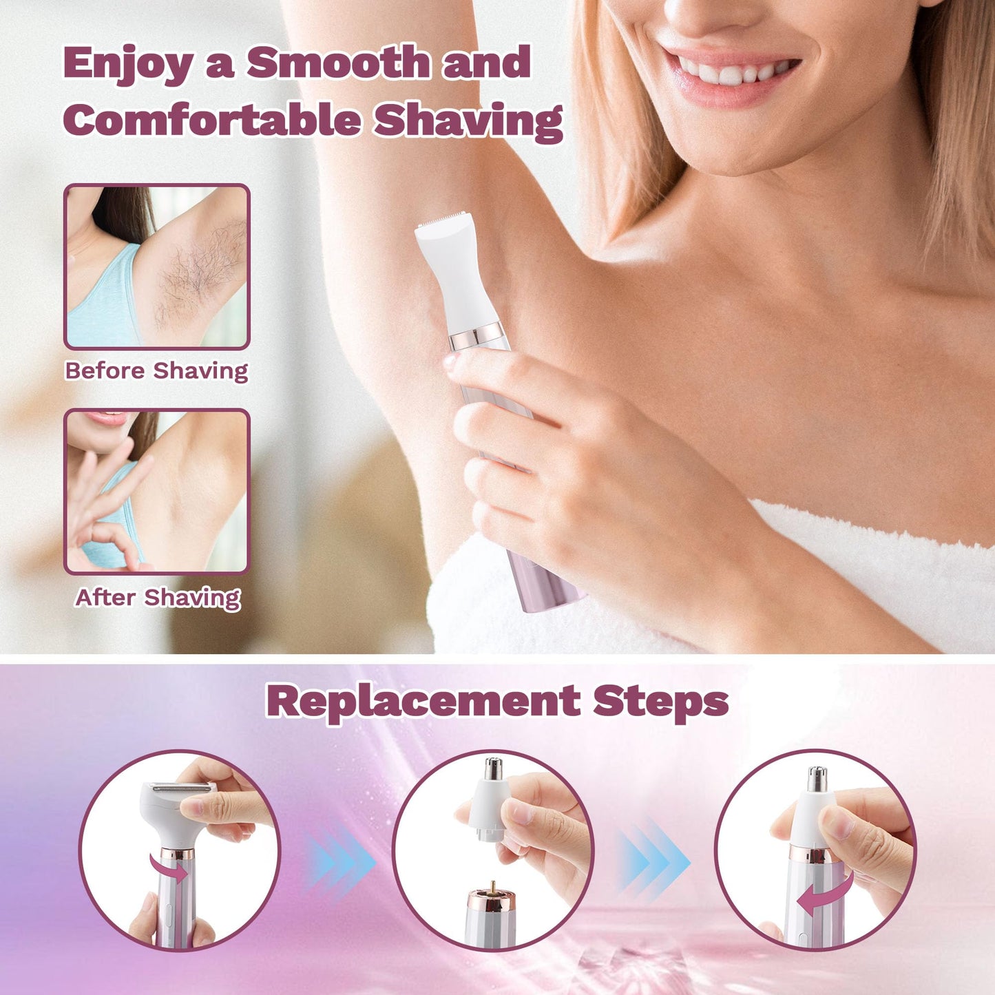 Electric Razors Shavers for Women, Bikini Trimmer 5 in 1 Electric Shaver Razor for Women Wet/Dry Face Razors for Face Nose Eyebrow Arms Armpit Legs Pubic Area Painless Facial Hair Removal for Women